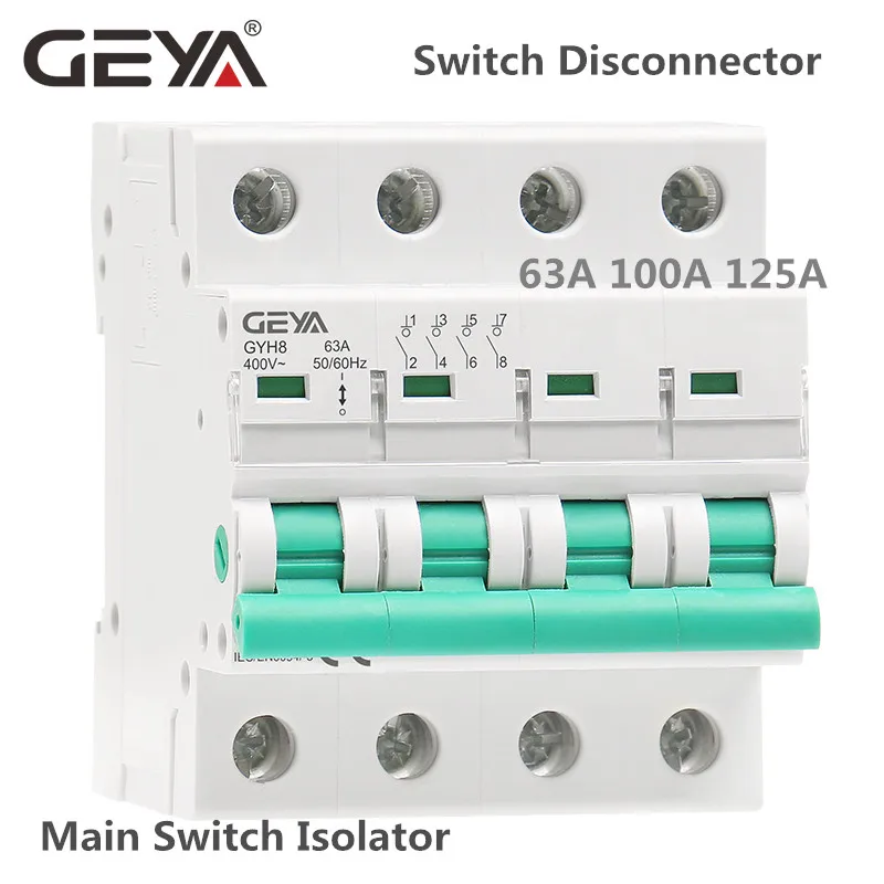 GEYA GYH8 Din Rail 2Pole 4Pole Main Switch Function Disconnector Switch Isolator Circuit Breaker 400VAC DP Breaker 63A 100A 125A view 3