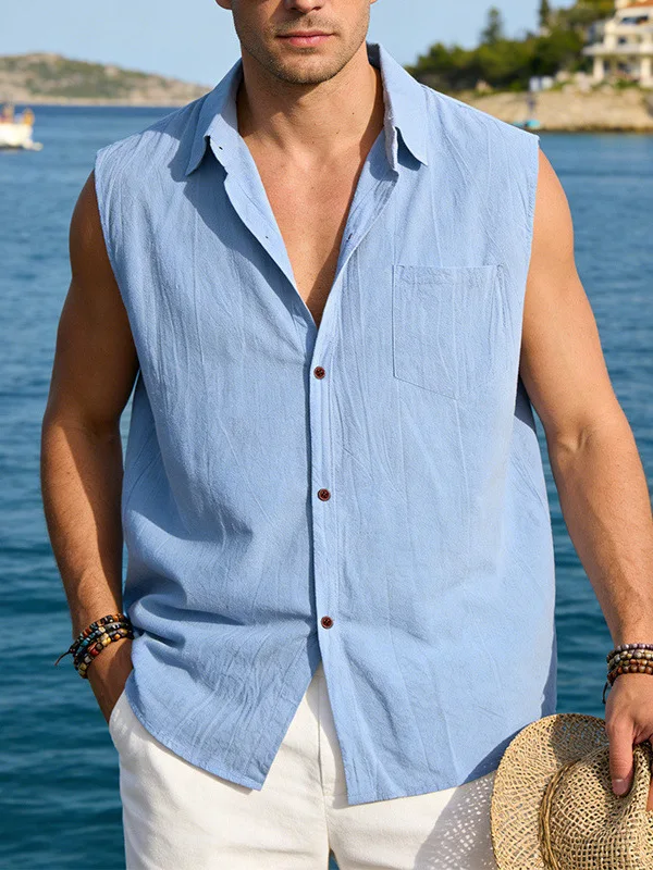 Men's Pure Color Sleeveless Lapel Shirt Casual Loose Fit Polyester No Ironing Treatment Summer Daily Wear Comfortable Polyester