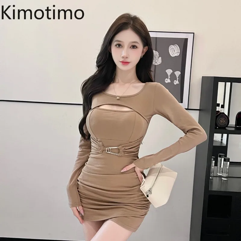 Kimotimo Women Dress 2024 Autumn Temperament Folds Waist Slim Wrapped Mini Dresses Fashion Hollow Out Long Sleeve Party Vestidos