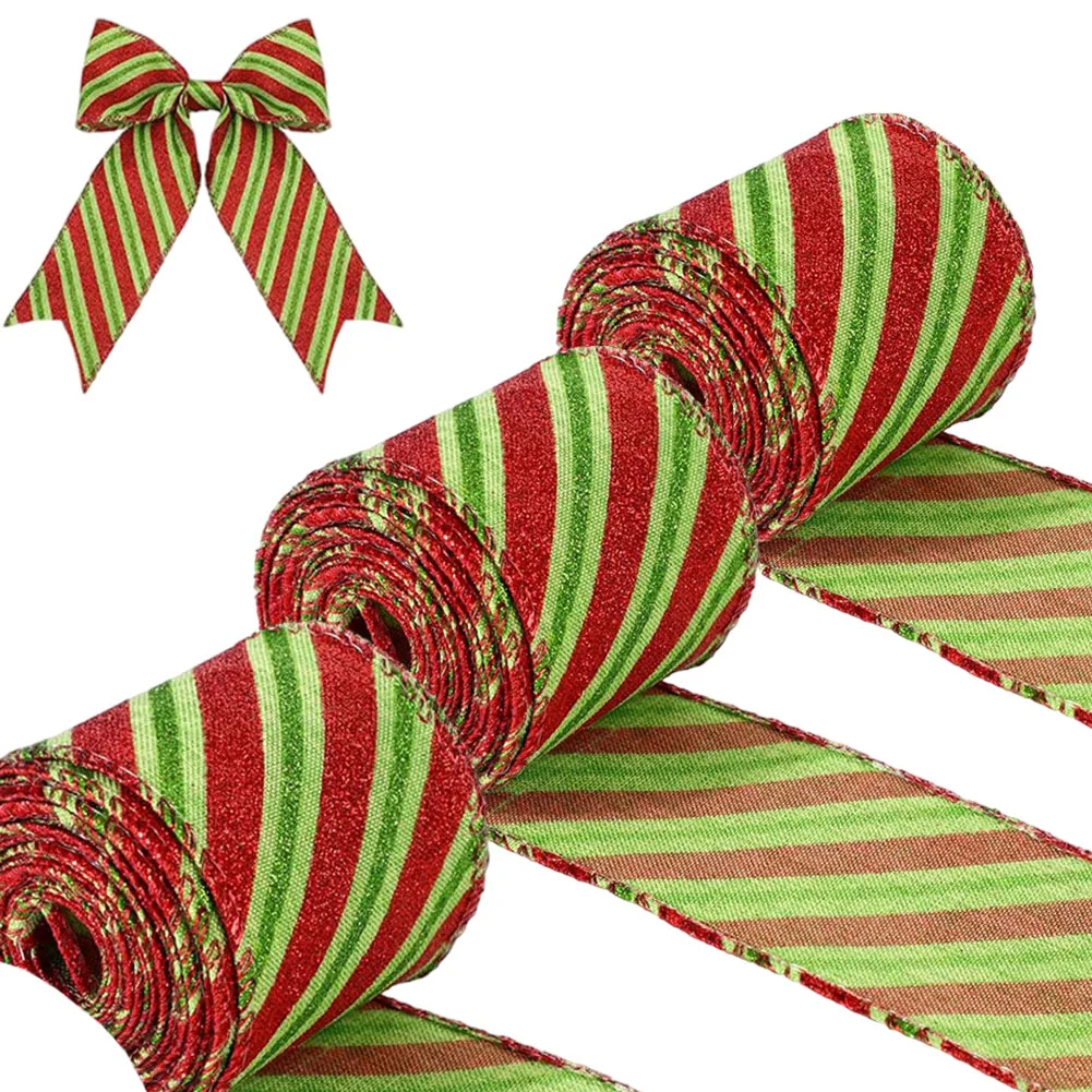 Natal Wired Edge Ribbons, Fita listrada vermelha e branca, Candy Cane, DIY Craft Ribbons, Xmas Tree Decor, 3 pcs