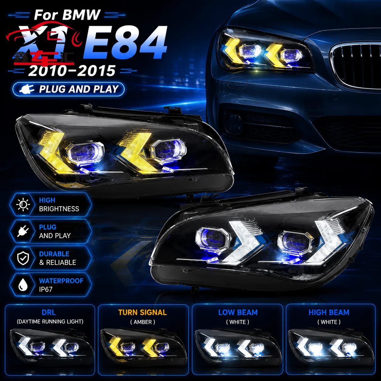 

Car DRL LED Headlight Light Assemblies For BMW X1 E84 2010-2015 Auto Fog DRL Brake Turn Signal Lamp Plug and Play