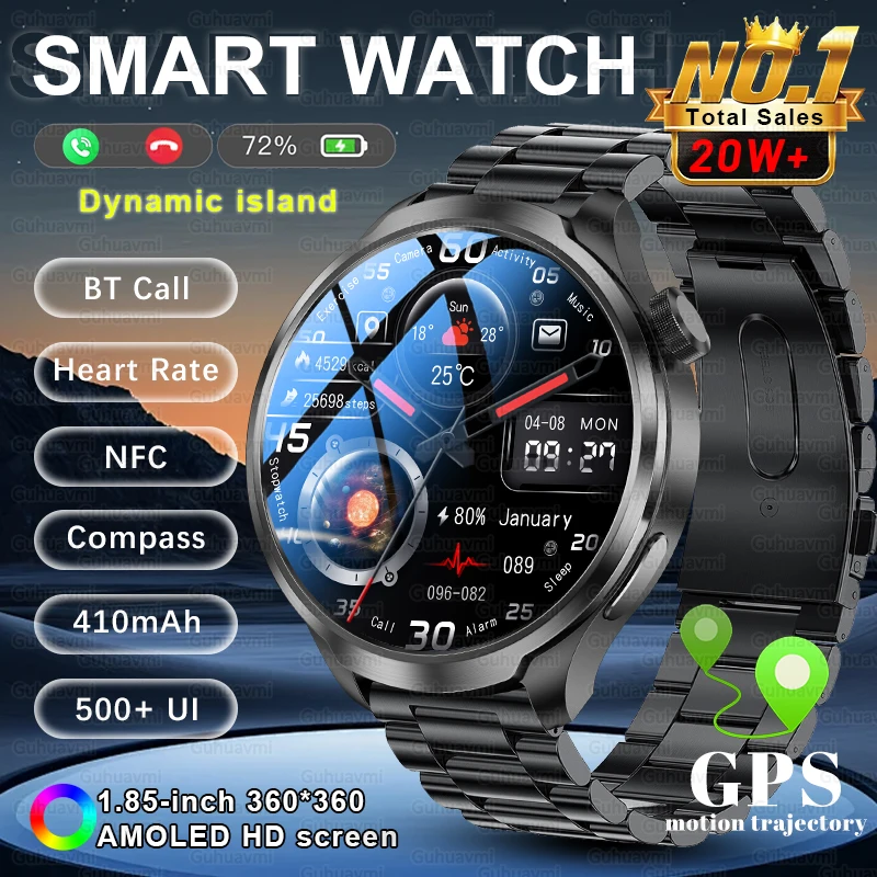 

New GPS Sports NFC Fashion Smartwatch Men's 1.85 "AMOLED HD Screen Heart Rate Blood Pressure Health Smart Watch For Android IOS