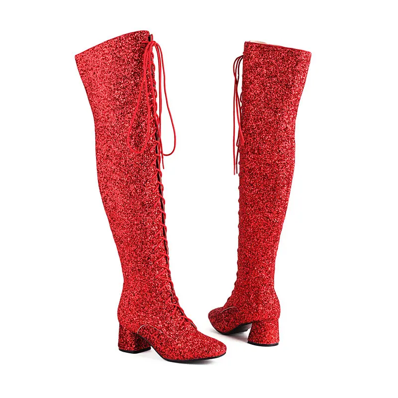 Shiny Bling Bling Glitter Silver Gold Red Lace-up Women Overknees Round Toe Chunky Heels Party Wedding Over-the-knee Long Boots