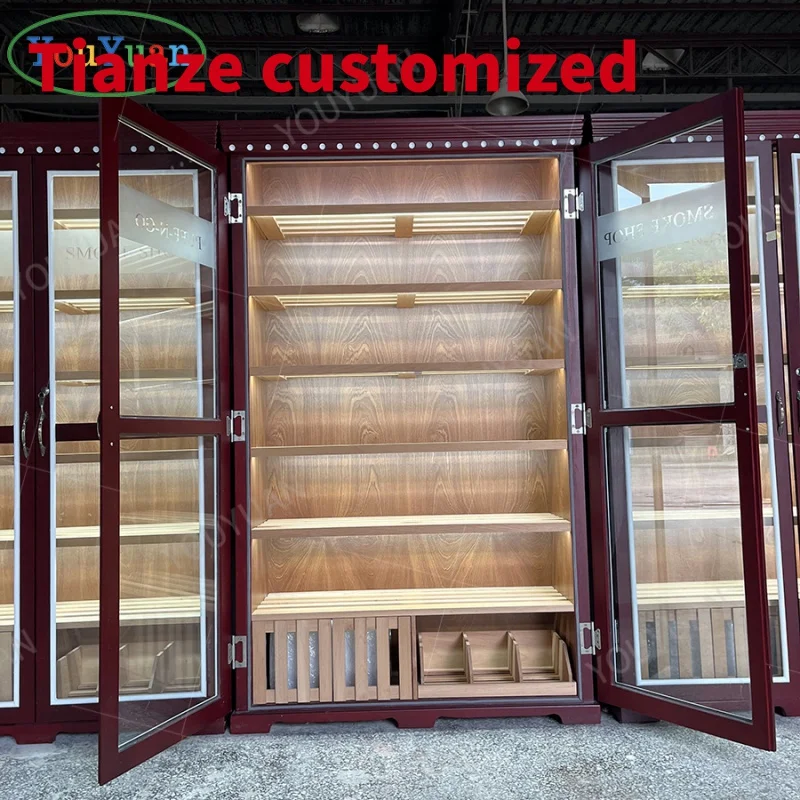 (customized)Custom cherry Spanish cedar wood shelf cigar humidor cabinet cigar showcases with sliding door cigar showcase wooden