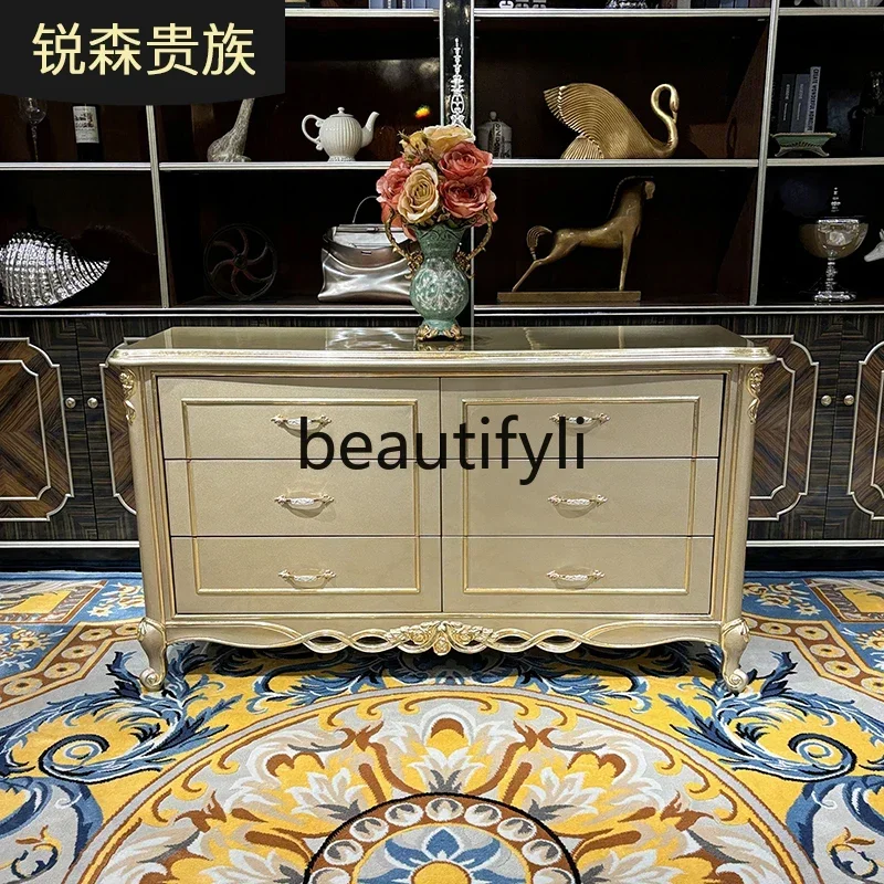 French solid wood entrance cabinet, European luxury neoclassical living room decoration table champagne carved entrance cabinet6