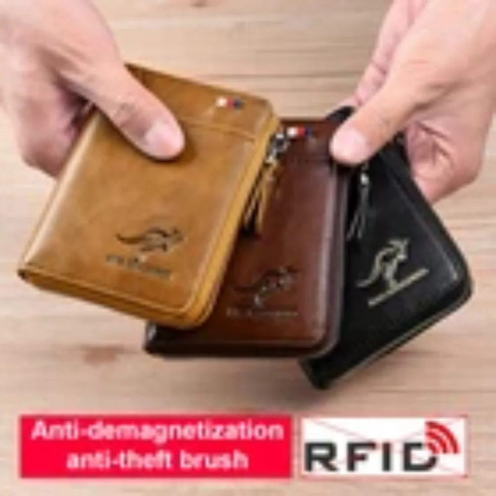 

Мужской кожаный кошелек с защитой от RFID, держатель для кредитных карт и удостоверений личности, кошелек на молнии, водонепроницаемый