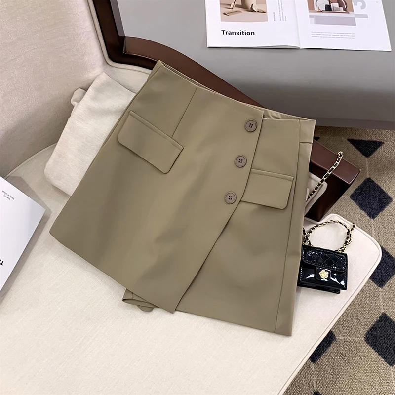 MEXZT, pantalones cortos para mujer, faldas coreanas irregulares, pantalones cortos de pierna ancha, pantalones cortos elegantes de cintura alta para oficina para mujer, traje informal liso, pantalones cortos