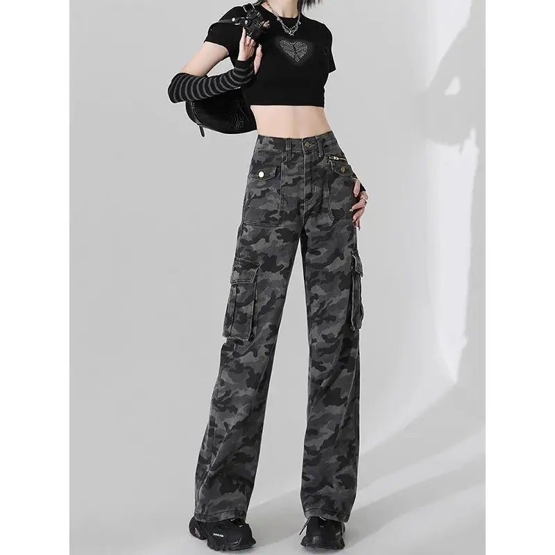 American Camouflage Cargo Pants Women Cool Spring Autumn High Waist Trousers Lady Vintage Pockets Jeans 2025 New Clothing