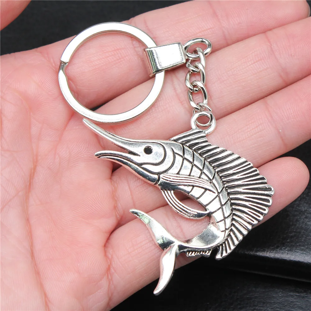 Men Jewelry Gift Vintage Antique Silver Color 55x40mm Swordfish Pendants Keychain Keyring Holder