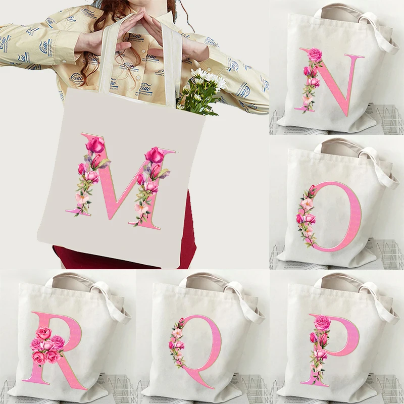 

Pink Sakura Letter Canvas Handbag Women Man Large Capacity Aesthetics Cherry Blossom Y2K Tote Bag Daily Alphabet Shoulder Bag