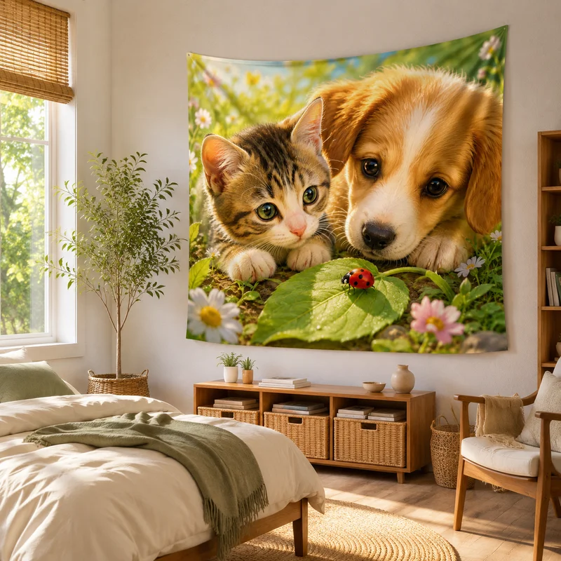VIKAMA Rainbow Meadow Cute Pet Tapestry, Tabby Cat and Border Collie on a Green Hill at Sunset Wall Hanging, Home Decor