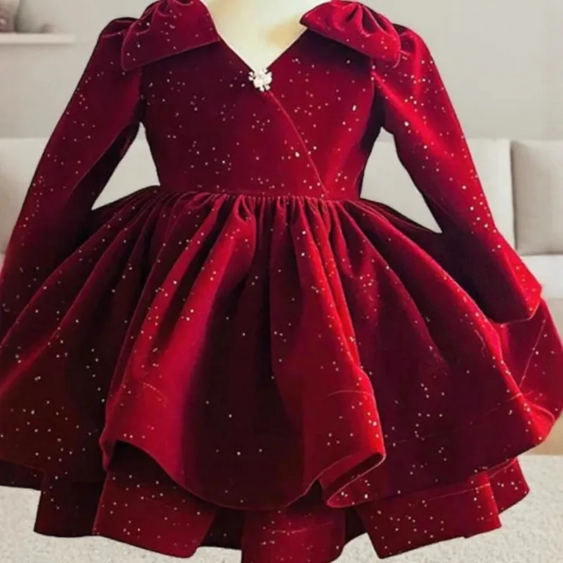 

Children's New Princess Burgundy Dress Piano Performance Birthday Party Dress Baby Girls Long Sleeve Sweet Short Dress