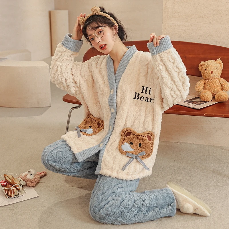 Big size M-5XL Women Flannel Pajamas Set Winter Thick Warm Female Pyjama