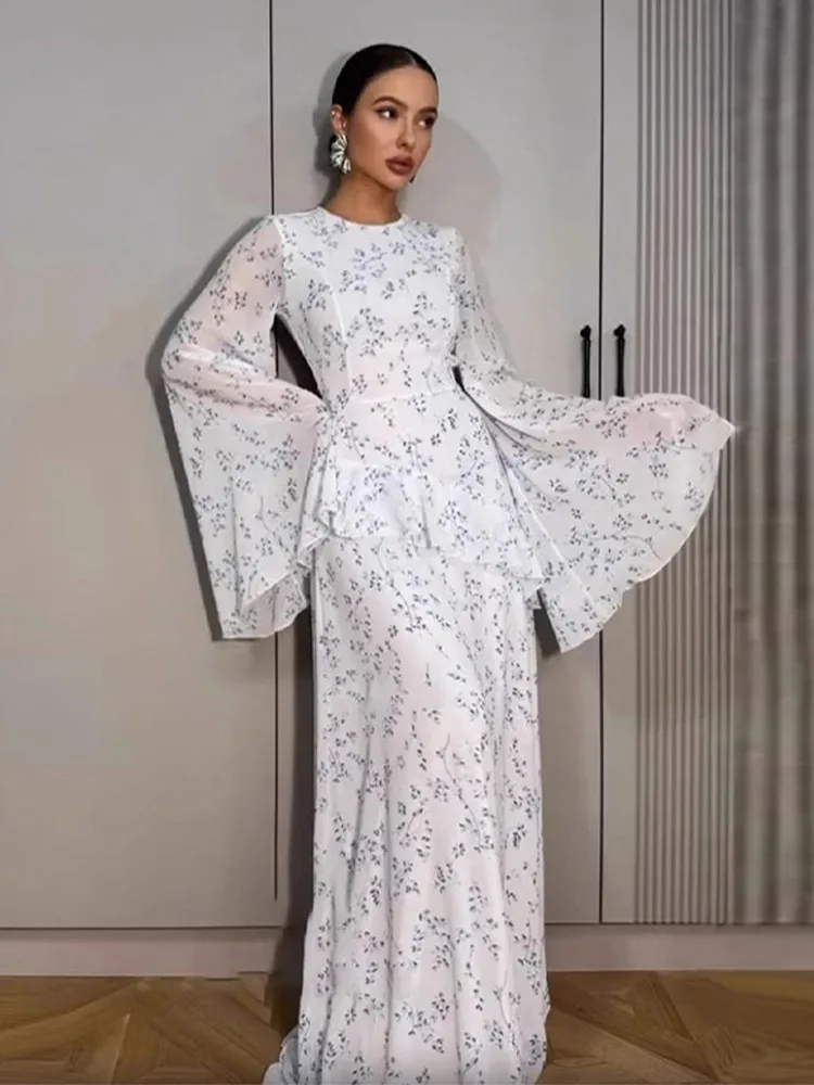 

Women O-neck High Waist Elegant Thin Belts Dresses 2026 Summer Vacation Chic Female Robe Printed Ruffles Long Flare Sleeve Dress