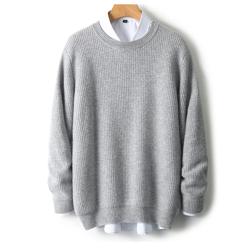 New 100% Wool Men's Thicken O-Neck Sweater Autumn Winter Male Solid Color Knitted Pullover Long Sleeve Casual Tops All-Match