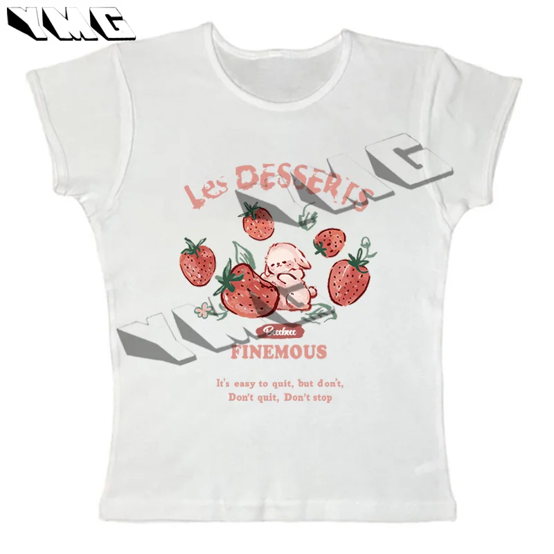 Y2k Gothic Strawberry Printed Umbilical Top Aesthetic Women's Street Wear Grunge Retro Short Sleeve T-shirt 2000s Baby T-shirt