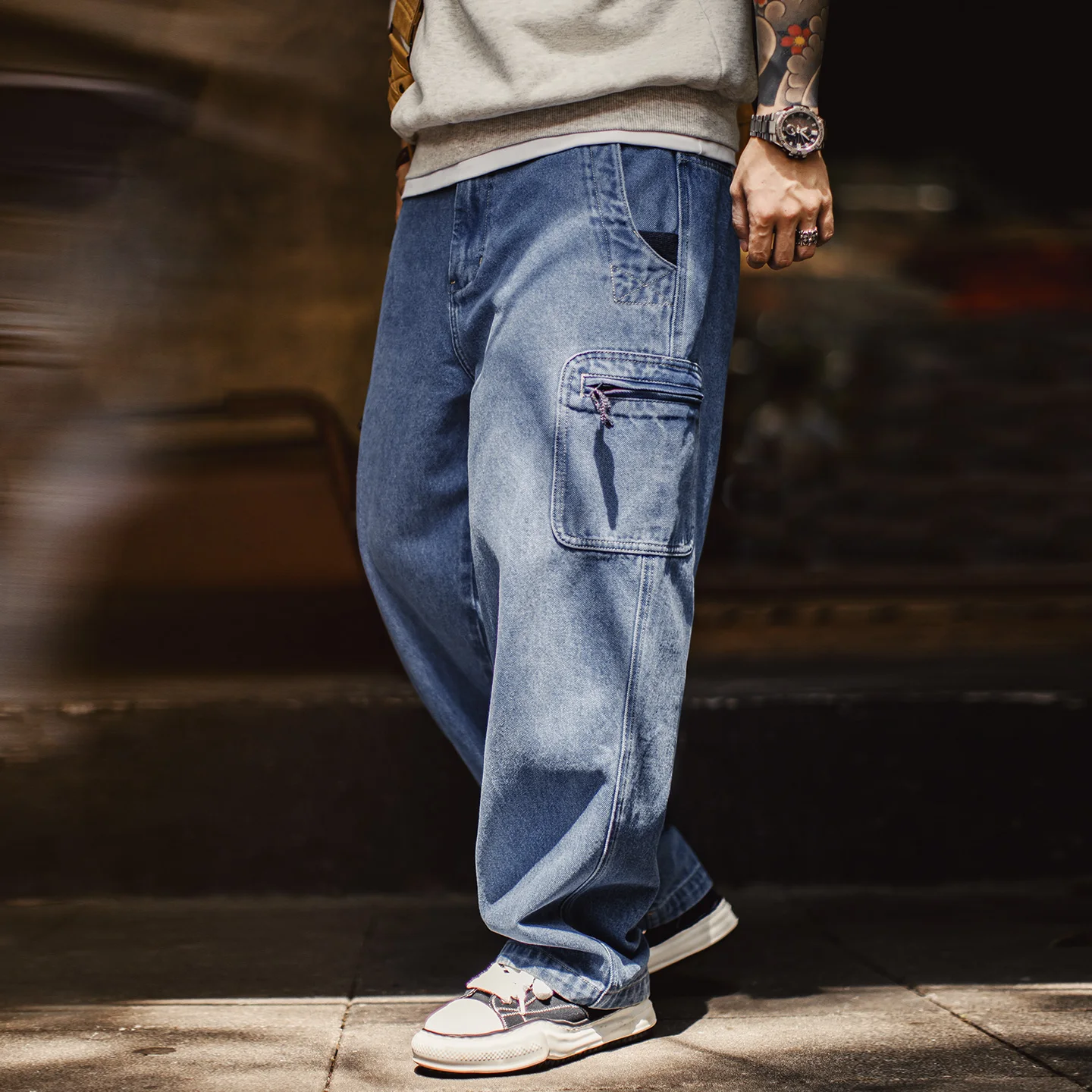Maden Men's 10.5oz Denim Workwear Cargo Jeans Loose Fit Japanese Style Spring Fall Washed Trousers With Side Tool Pockets