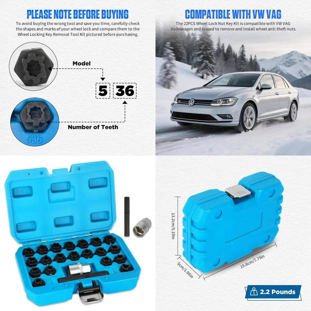 

22PCS Wheel Locking Nut Key Kit Compatible with VW Volkswagen VAG, Wheel Lock Nut Socket Adapter Set for Anti-Theft Lug Nuts