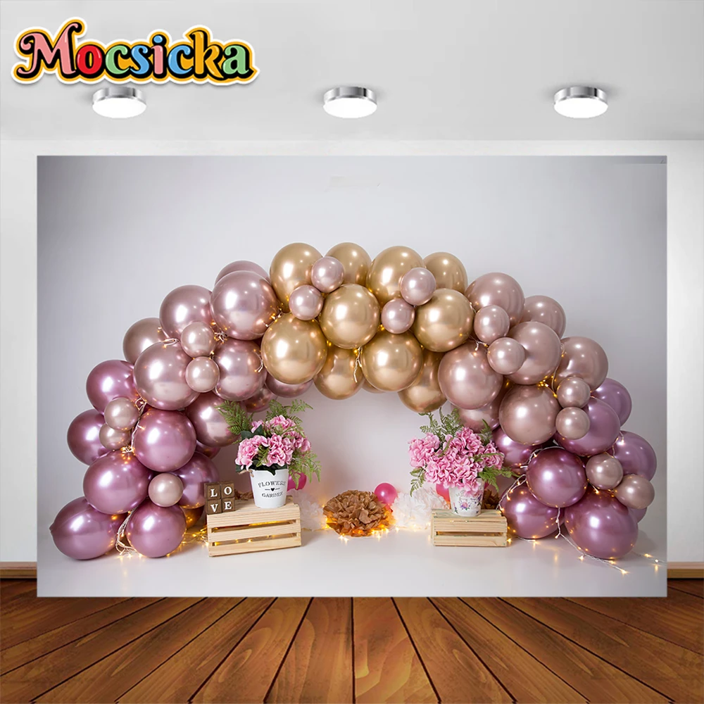 Fondo de fiesta de globos de princesa de colores, fotografía de cumpleaños de niña, pastel, Smash Castle, fondo rosa, estudio de sesión de fotos