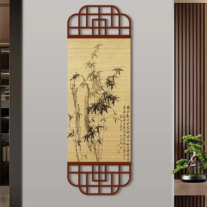 Zheng Banqiao Chinese Ink Bamboo Stone Wall Art, Hollow Carved Scroll Painting for Living Room Entryway Tea Room Hallway Decor