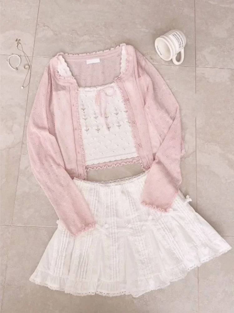 Knitted Flower Vintage Kawaii Lolita Vest Women Sleeveless Sweet Cute Tanks Female Bow Lace Japanese Crop Tops Autumn 2023 New