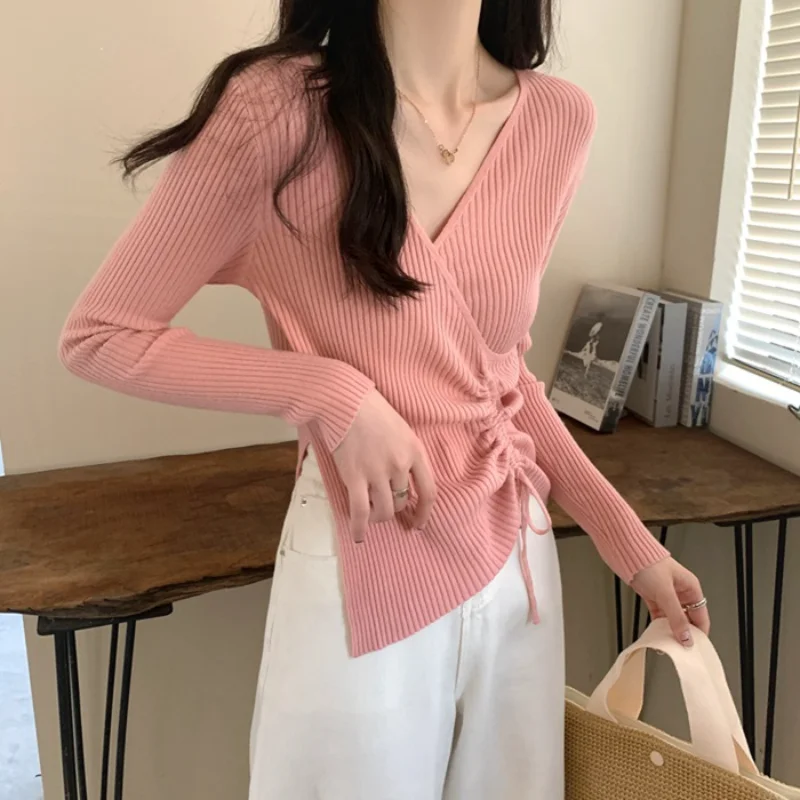 Maglione base lavorato a maglia con colletto autunnale e invernale per donna Top a maniche lunghe con maglione irregolare cinccato in vita stile francese