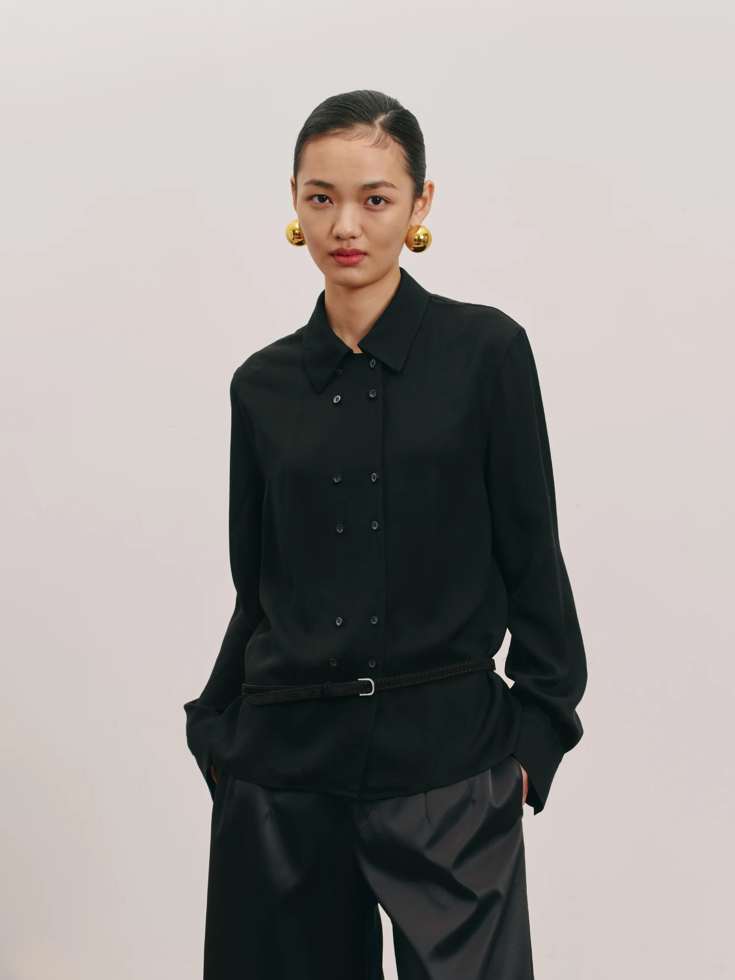 

PBlueDot Spring 2025 Women's Loose Fit Long Sve irt Double Buttoned Classic Collar Top Original Design Ry Fabric