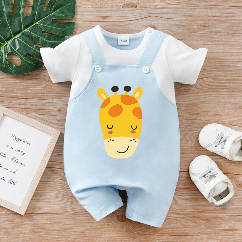 

Newborn baby summer fake suspender giraffe Cartoon round-neck bodysuit, soft and comfortable, suitable for outdoor activities.