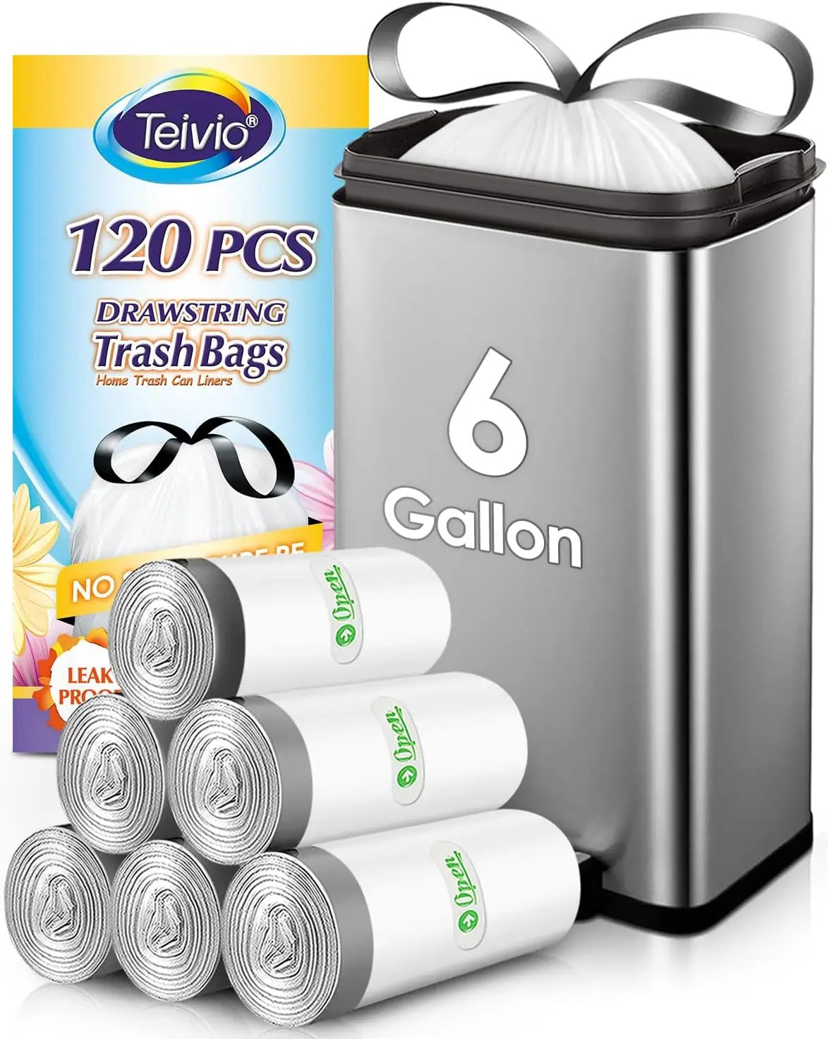 

6 Gallon Strong Drawstring Trash Bags, 120 Counts for Home Kitchen Office Bathroom, White Plastic Garbage Liners