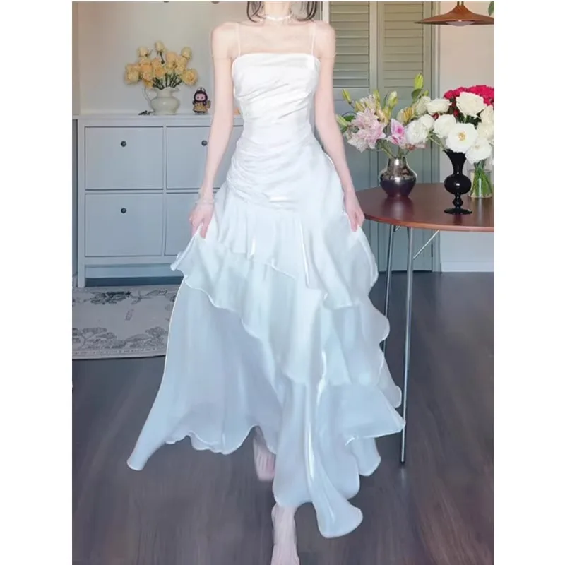 Vestido de Verão ular com Detalhes em Renda e Alças de Cetim para Mulheres, Estilo Coreano, Saia Longa com Cintura Ajustada