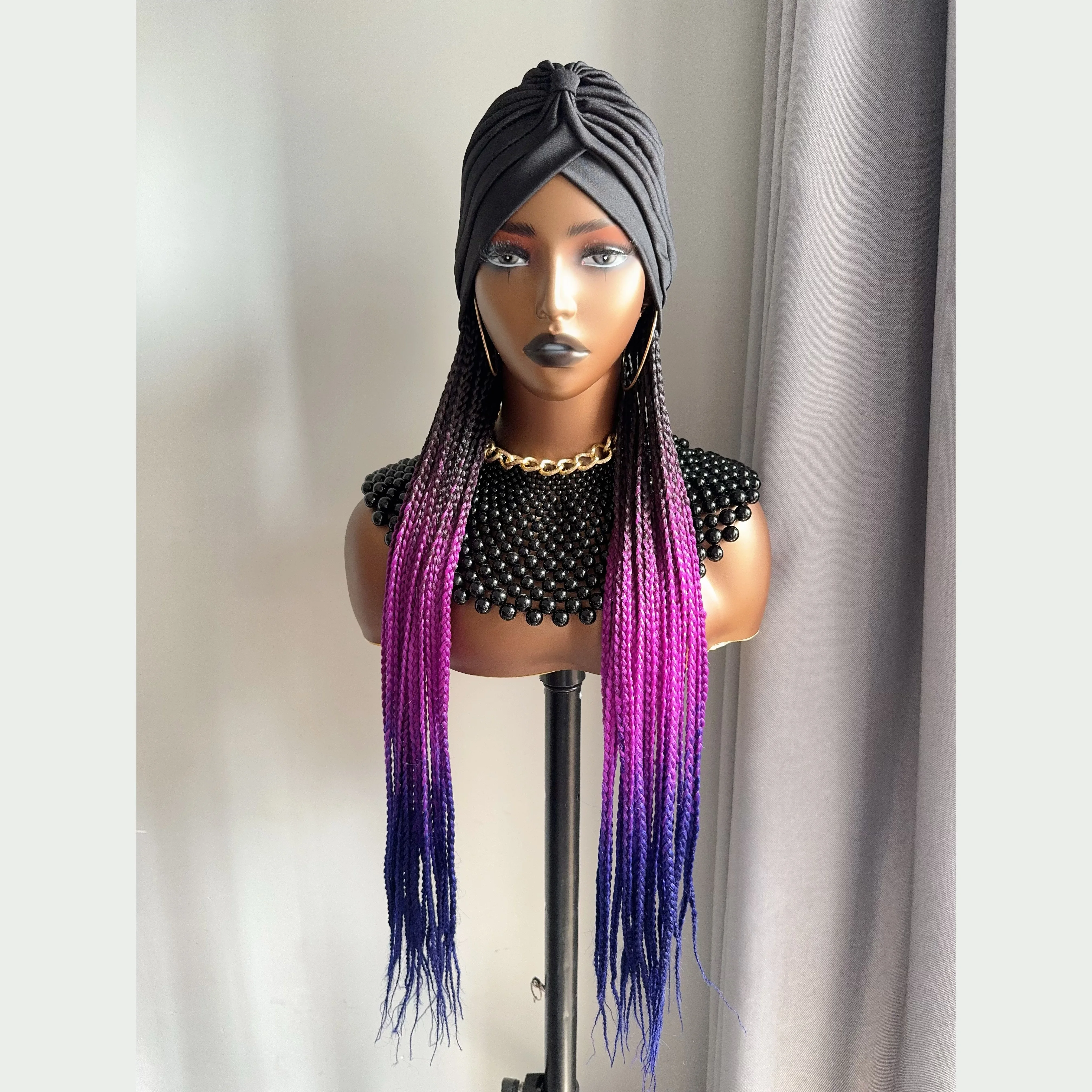 Long 24Inch Ombre Black Purple Lavender Box Braided Synthetic Head Wraps Headband With Turban Cap Braiding Hair Extensions Wigs