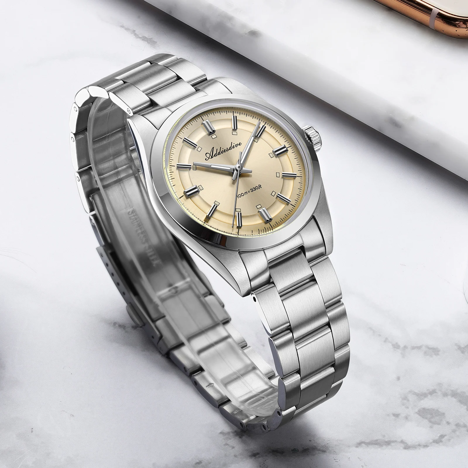 

ADDIESDIVE NEW Quartz Watch For Men Stainless Steel Bubble Dome Mirror Pot Cover Glass Waterproof 100m Dive Male Watches AD2515