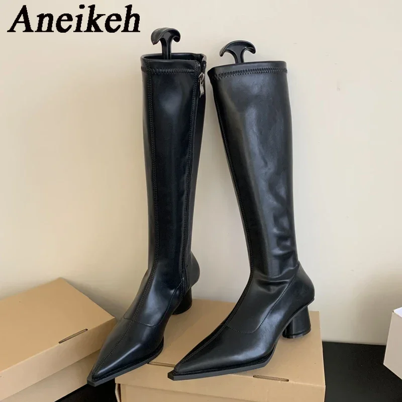 

Aneikeh NEW Autumn Winter Knee High Boots Women PU/Flock Pointed Toe Party High Heels Zip Shoes Square Heel Sewing Rome Leisure