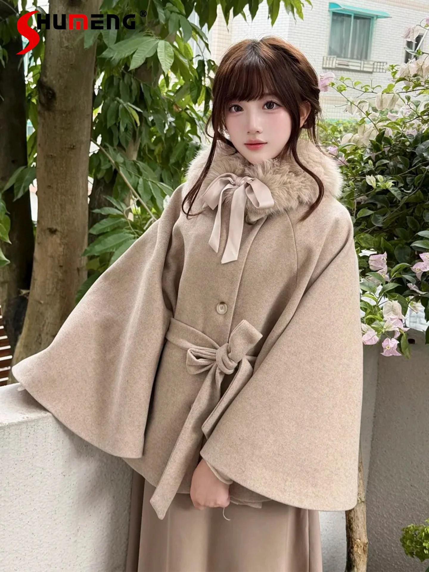 

Элегантный светский стиль в японском стиле с плюшевым воротником и бантом, однобортное свободное универсальное шерстяное пальто без рукавов, женские зимние куртки