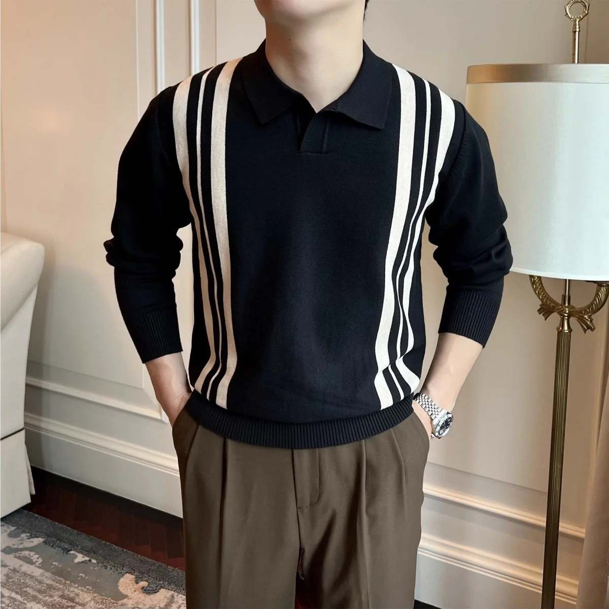 

Men's Knitted Slim Fit irt Casual Stripe Pattern Retro Briti Sle Spring Autumn New Arrival Polyester Fiber Busines...