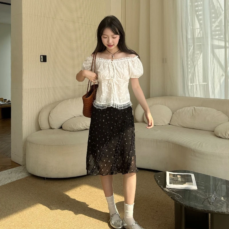 

Женская черная юбка миди с цветочным принтом во французском стиле, А-силуэт, с драпировкой, струящаяся, летнее платье 2026