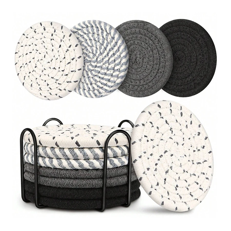 8-Piece Set Absorbent Coasters for Drinks, Minimalist Cotton Woven Coasters Coffee Table Decor Boho Cute Cup Coasters