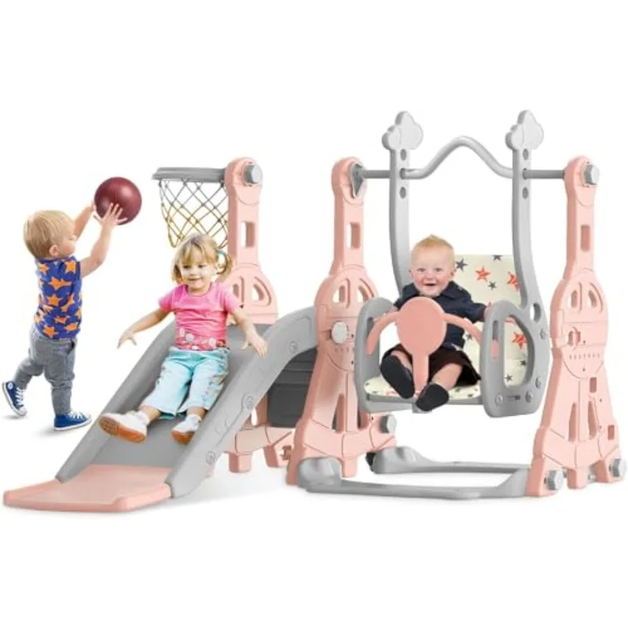 

4 in 1 Toddler Slide and Swing Set for Ages 1-2 Pink Indoor Outdoor Playset with Basketball Hoop Durable Plastic Material Safe