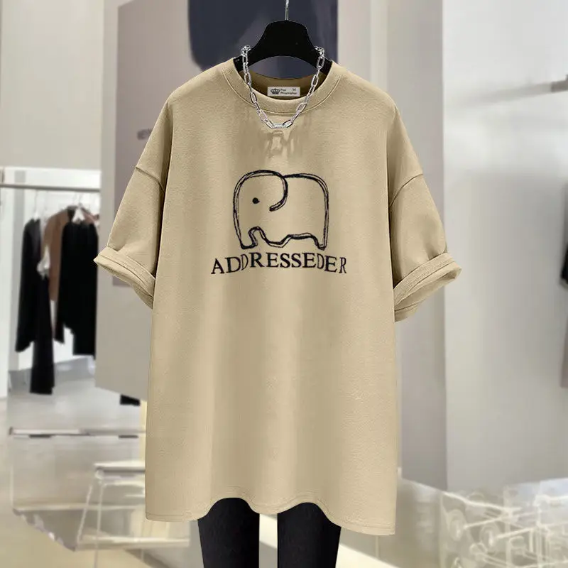 Women Clothing Cartoon Elephant Printing Short Sleeve T-shirt Summer Fashion Pure Cotton Basic O-neck Top Tee Oversized Pullover