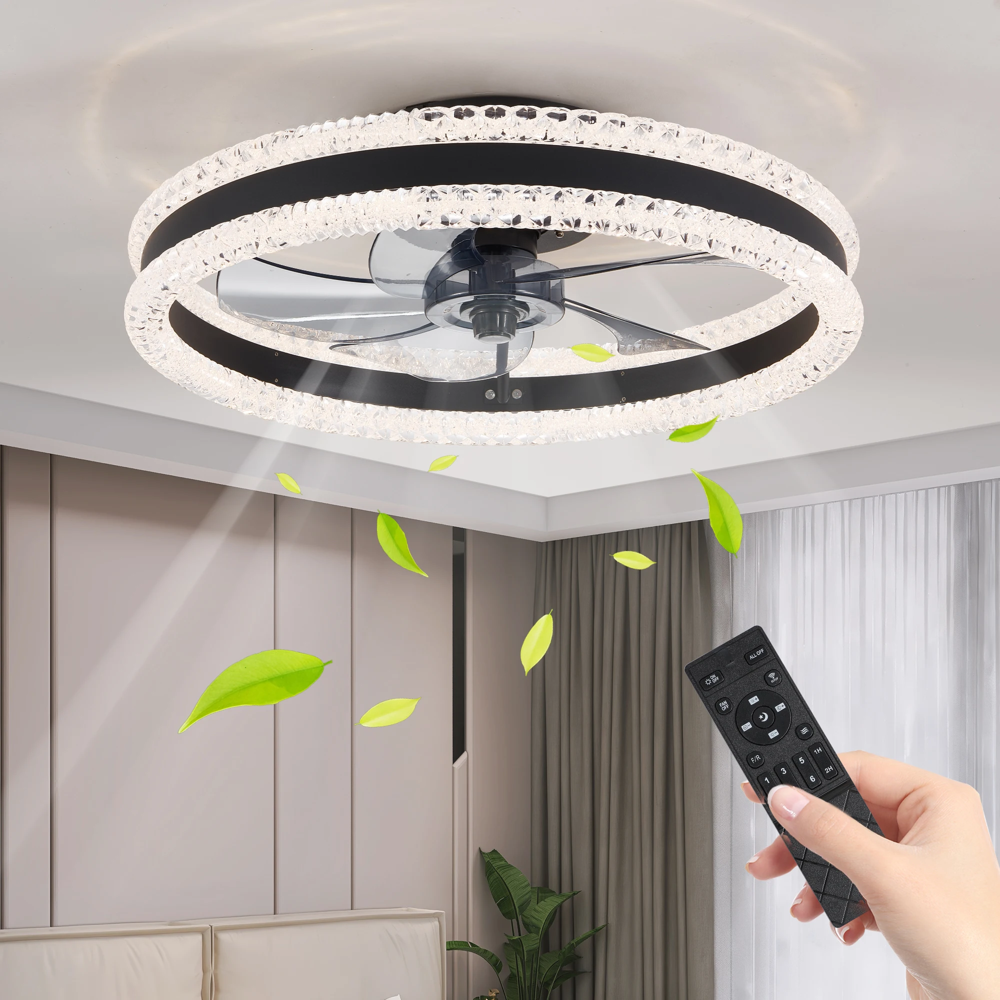 

20" Luxury Double Ring LED Ceiling Fan with Light,Modern Flush Mount Design, Dimmable Lighting , Low Profile Silent Fan(Black)