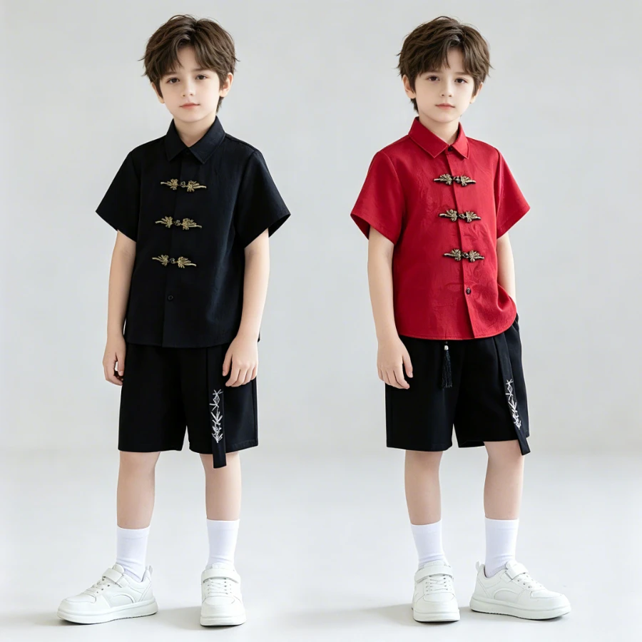 Boys Traditional Chinese Tang Suit Set with Gold Buttons for Kids Spring Festival Birthday Party Holiday Performance Outfit 10 Y