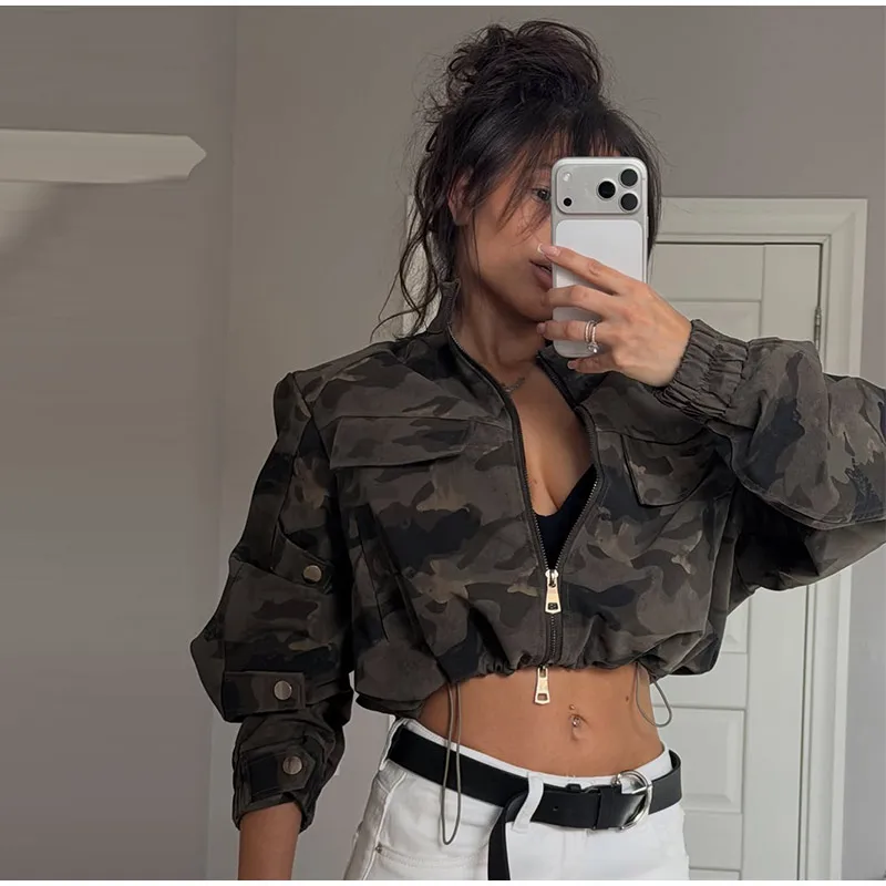 Women Camo Print Hooded Zipper Jacket Elastic Cuff Jacket Cropped Short Length Loose Puffer Winter Warm Winter Street Jackets
