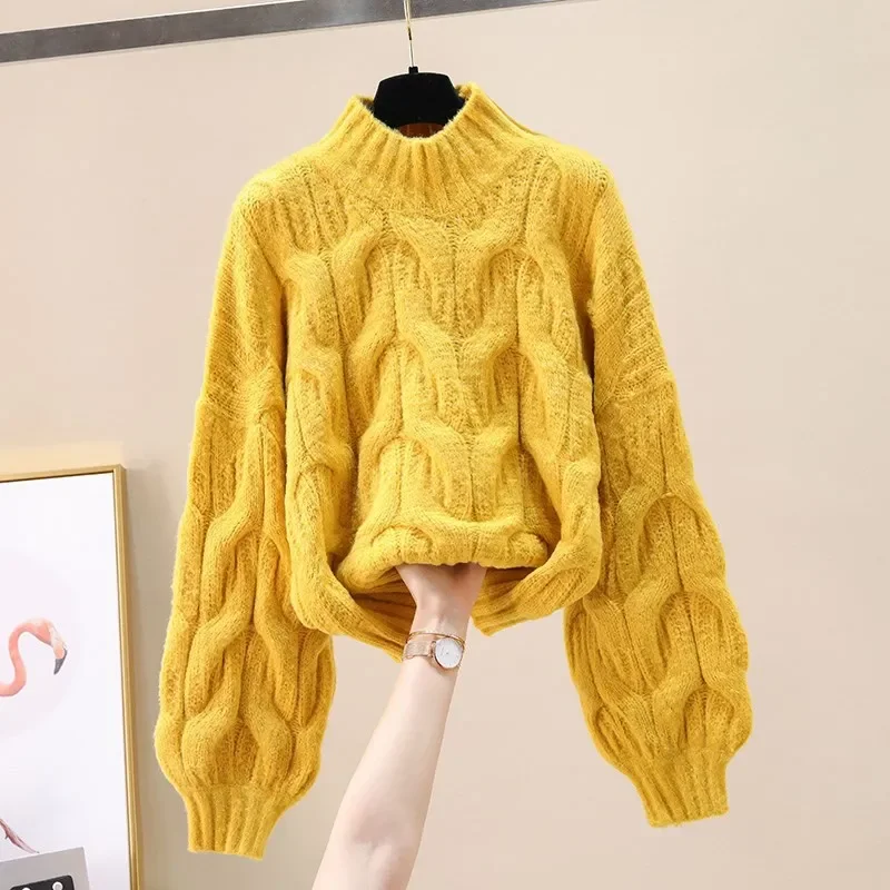 

2024 New Style Casual European American Loose Fit Half Polo/turtle Neck Cable Knit Long Sleeve Pullover Sweater