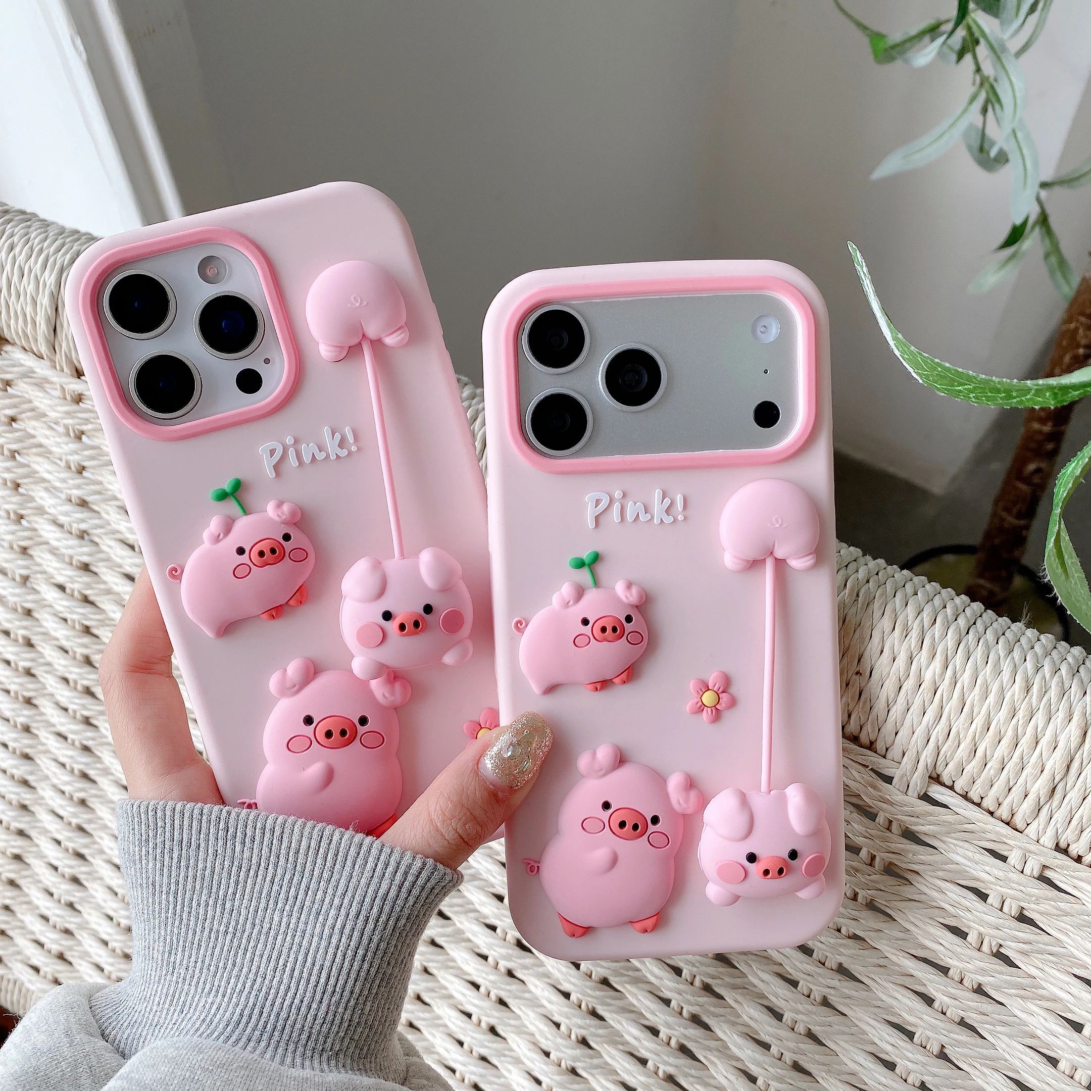 3D Niedliches Schweinchen Rosa Weiche Silikon-Handyhülle für Apple iPhone 13 14 15 16 17 Pro Max Schweinchen-Anhänger Stoßfeste Schutzhülle