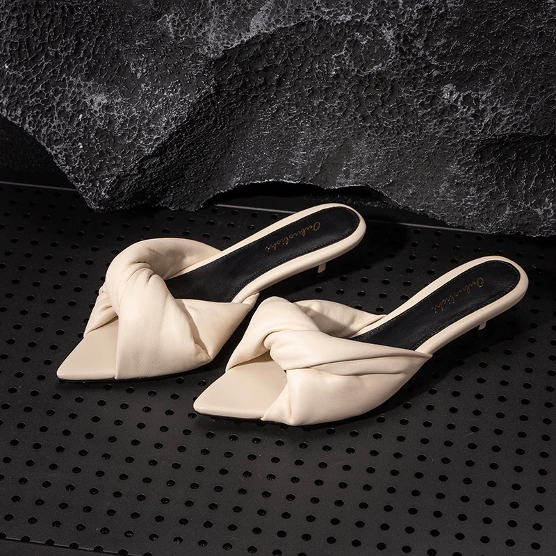 

Women's Summer Sandals Luxury Sheepskin Elegant Lady Pumps And Heels Peep Toe Dresss Party Wedding Shoes Pleated Sandal