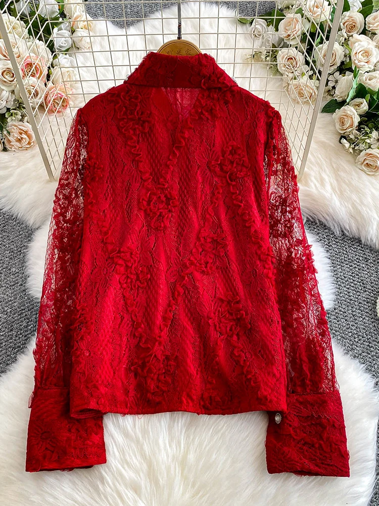 Damska bluzka koronkowa w stylu pałacowym, lekki luksus, wyrafinowana, zdobiona diamentami, z koralikami, koszula z klapami, delikatny różowy koronkowy top BL233