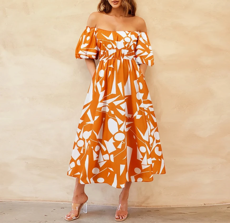 

Casual Womens Dress 2024 Print Skirt Off Shoulder One Line Neck Puffy Sleeve Casual Slim High Waist Large Swing Maxi Dress Beach