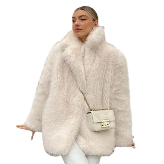 معطف فرو صناعي سميك للخريف والشتاء للنساء مع ياقة بليزر، معطف فرو نسائي متوسط الطول، معطف فرو على طراز الشارع