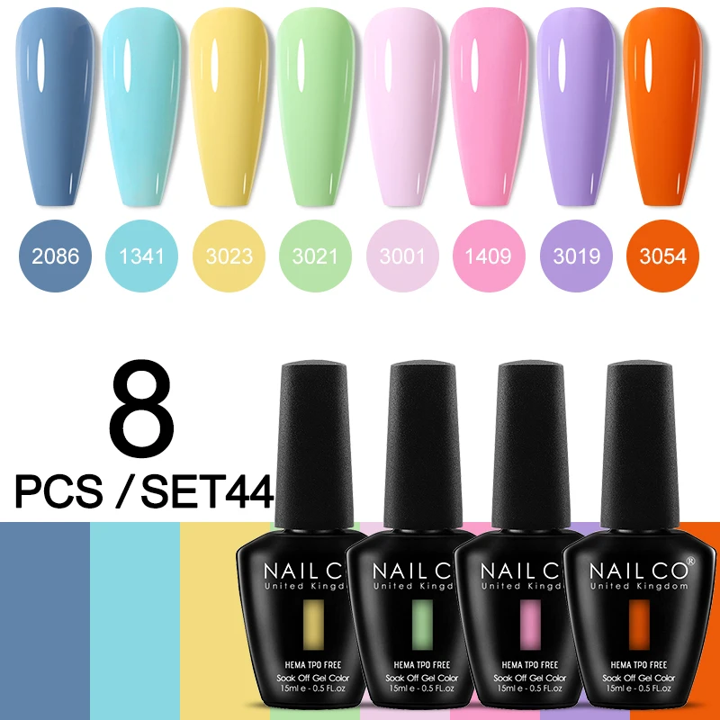NAILCO 15ml 8pcs/Set Gel Nail Polish Kit Base Top Gel Nail Lacquer Art LED Varnish Semi Permanent UV Gel Soak Off Varnishes Nail