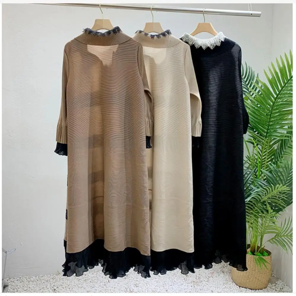 Abayas-vestido de renda plissado para mulheres, lapela solta, linha longa do Oriente Médio, plus size